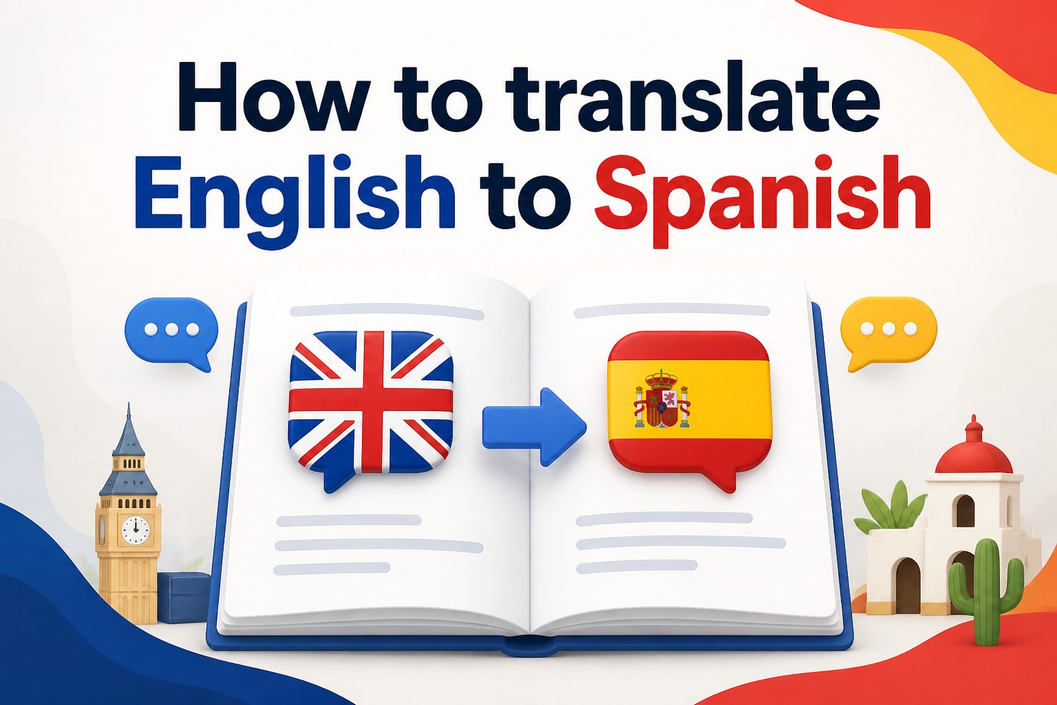 English-to-Spanish translation guide with bilingual text and a Spanish dictionary